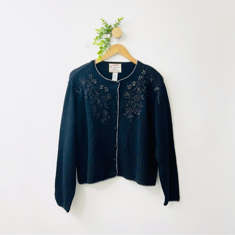Heirloom Collectibles Black Knit Floral Embroidered Cottagecore Sweater